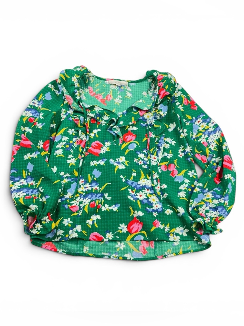 LOFT Peasant Top Green Botanical Floral Boho Shirt Ruffled V-Neck Lightweight S